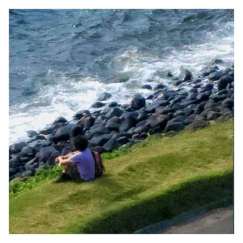 Junger Mann sitzt an Atlantikküste auf einem Rasenstreifen- Das Wasser umspült schwarze Felsbrocken.